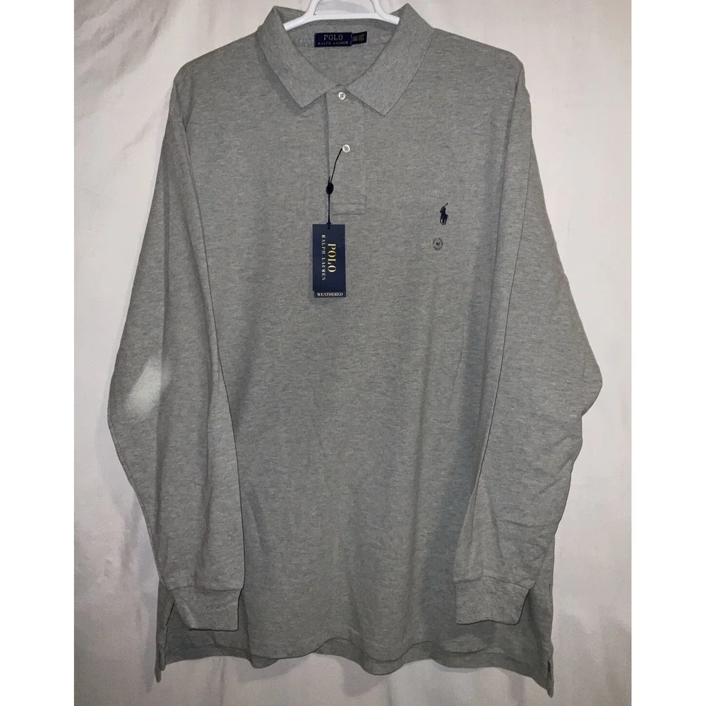 NWT‎ Men's Polo Ralph Lauren Long Sleeve Polo Shirt Gray Heather Navy Pony 3XLT